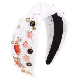 Vovii Football Headband for Women, Knotted Pearl Rhinestone Jeweled Headband for Football Mom Fans, Football Headbands Hair Accessories Game Day Outfits for Women (White)