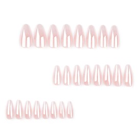 Foccna Press on Nails Medium Long Pink Fake Nails Almond Glossy False Nail Tips Artificial Nails Finger Manicure for Women and Girls-24pcs