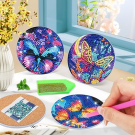 Bowetile 8PCS Diamond Art Coasters Kit with Holder, Butterfly Diamond Gem Art Kits for Adults Beginners, Arts and Crafts Kits for Adults, Birthday Gifts Home Decor