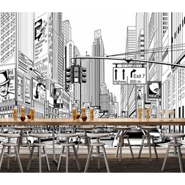 WFBHUA-Black and White New York City Wallpaper Hand Painted Times Square Wall Mural Decoration for Living Room Bedroom Offices(Not Peel and Stick)