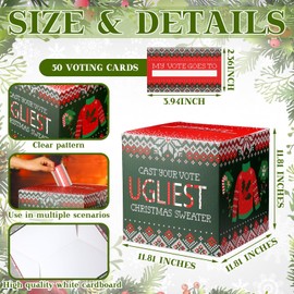 Cholemy 51 Pcs Christmas Ugly Sweater Party Voting Cards Set 1 Ugly Sweater Contest Ballot Box and 50 Voting Cards for Xmas Ugly Sweater Party Favors Winter New Year Office Holiday Party Supplies