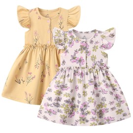VZF Toddler Dress for Baby Girl Flutter Sleeve Flower Summer Beach Dresses for Infant, Yellow+Pink, 18-24M