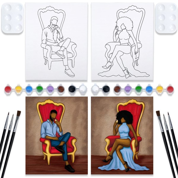 2 Pack 8x10 Canvas Painting Kit Bundle,Couples Paint Party Kits Pre Drawn Canvas for Painting for Adult,Afro King Queen Love Couple Pre Drawn Stretched Canvas Kit Art Set