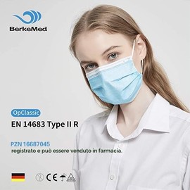 BerkeMed Mascherina Chirurgica Certificate CE, Secondo EN 14683 Tipo IIR (50 Pezzi Prestazioni Filtro ≥99%,Numero Farmacia PZN: 16675531, Adatto per Ambiente di Lavoro Medico