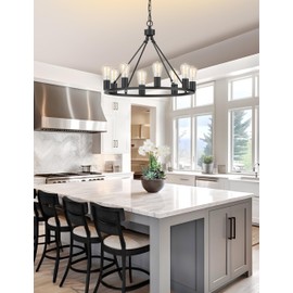 L LOHAS LED Black Farmhouse Chandeliers for Dining Room, 8-Light Wagon Wheel Chandelier Over Table, Height Adjustable, 24" Dining Room Light Fixtures, Modern Chandelier for Kitchen Island Living Room