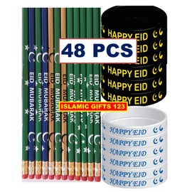 Islamic Gifts 123 Eid Mubarak 48 Pcs-Pencils-Eid Wristbands Kids Favorite Eid Favors Eid Decoration مبارك Arabic Novelty Ramadan Favors Islamic Muslim Quran Gifts