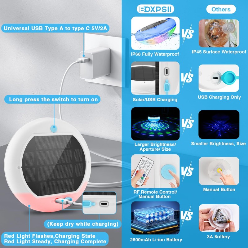 Solar Floating Pool Lights, USB Rechargeable Pool Lights with Remote,