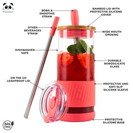 Pandaloo® Glass Cups With Lids and Straws -20 Fl Oz- Perfect Size Iced Coffee Cup - Smoothie Cup With Bamboo Lid and On the go Lid - Glass Tumbler With Straw (1 Count (Pack of 1), Coral)