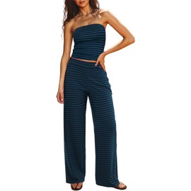UNCOOYEE Two Piece Sets For Women Summer Outfits Lounge Sets Striped Tube Top And Pants Matching Sets Beach Vacation Travel, Navy Green, Medium