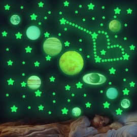 Pack of 110 Luminous Stars and Planets, YRYUNRUI Luminous Solar System Wall Stickers Decoration, Bright Stars Wall Decals for Children's Room, Ceiling Birthday Gift (Green)