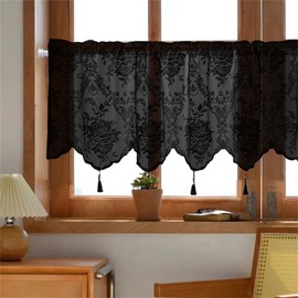 Ueiwffzo Net Curtains, Transparent Jacquard Curtain, Country House Style Bistro Curtain, Transparent Curtains, Short Curtains for Cafe, Kitchen, Door, Corridor, 1 Piece (Black, W x H 137 x 60 cm)