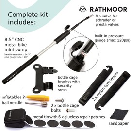Rathmoor CNC Machined Bike Mini Pump with inline Gauge and Glueless Repair Kit (Black)