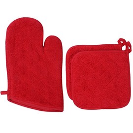 100% Cotton Everyday Kitchen Basic Heat Resistant Oven Mitt and Pot Holder Set, Red
