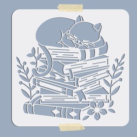 MAYJOYDIY Cat Book Stencils Sleeping Cat Drawing Painting Stencils Book Flower Grass Pattern Reusable Flexible Template 30×30cm Decor for Home/Floor/Wall/Kitchen/Cabinets/Bags
