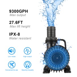 OYO WATER Outdoor Large 9300gph-620W 32.8FT Pond Water-fall & Kio Fish Fountain-s &Garden Pump Submersible IPX8: Long 32.8FT Cord Smart-er & Quieter Duck & Yard &Patio Ponds Pumps, 1 Barrier Pump Bag