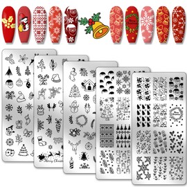 PH PandaHall 5pcs Nail Stamping Plate for Christmas, Reindeer Nail Stencils Reindeer Snowman Nail Stamping Plate Stainless Steel Print Nail Stencils for Nail Art Design