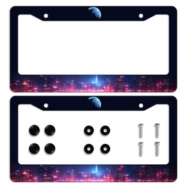 Neon City License Plate Frame 2 Pack Cyberpunk City Fantasy Moon License Plate Frames Car Plate Holder Universal Accessories License Plate Aluminum Car Tag Frames for Women Men US Vehicles