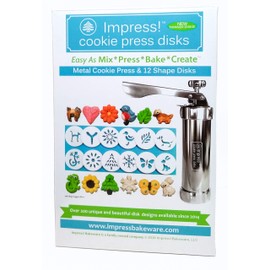 Impress Bakeware – Metal Cookie Press with 12 Shape Disks | Aluminum Press + Food Safe Plastic Shapes | Includes Recipes & Tips | Easy as Mix*Press*Bake*Create | Disks Made in the USA