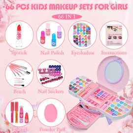 Kids Makeup Sets for Girls - 66 PCS Dresser Vanity Case Make Up Set for Girls Childrens Toddler, Washable and Safe Pretend Play Games Toys Makeup kids, Christmas Birthday Presents for 3+ Year Old Girl