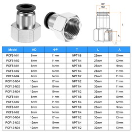 sourcing map Push to Connect Fittings 10mm Tube OD x 1/2" NPT Thread Female Straight Pneumatic Tube Fittings PCF10-N04 Quick Connect Air Line Fittings Air Hose Fittings, Black