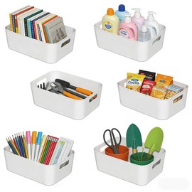 Tyminin 6 Pack White Pantry Organizer Bins, Plastic Containers with Handle for Kitchen, Freezer, Cabinet, Closet, Bathroom Under Sink Storage