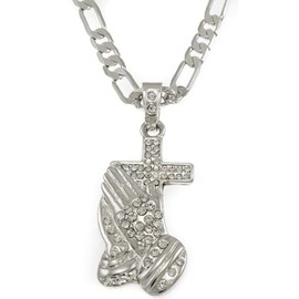 GIFTS INFINITY Hot New Silver Tone Praying Hands with Cross Men's with Free 24" Chain Pendant