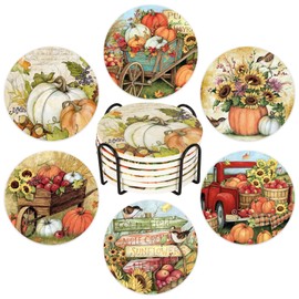 Whaline 6Pcs Fall Ceramic Coasters with Holder Pumpkin Truck Sunflower Bucket Drink Coaster Retro Farmhouse Heat-Resistant Cup Mats for Autumn Thanksgiving Home Party Tabletop Decor