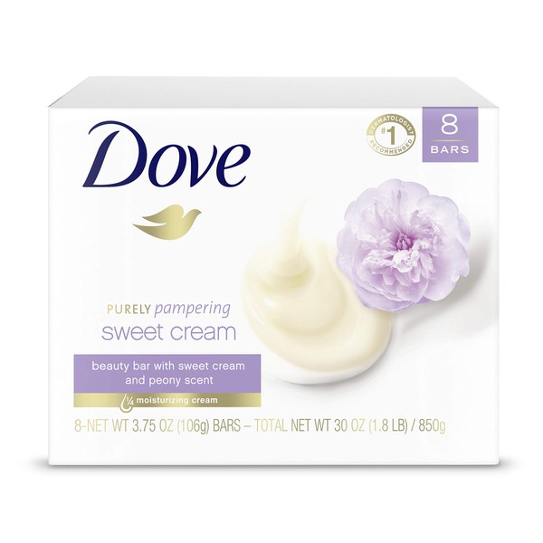 Dove Purely Pampering Beauty Bar Gentle Cleanser for Softer Skin Sweet Cream & Peony More Moisturizing Than Bar Soap 3.75 oz 8 Bars