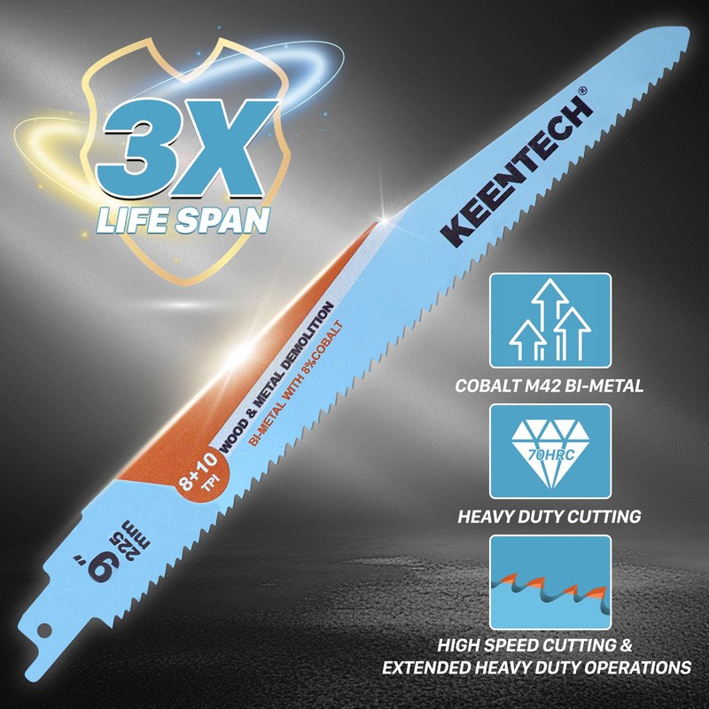 KEENTCH Sawzall Blades Metal and Wood Demolition, 9 Inch 8+10TPI,