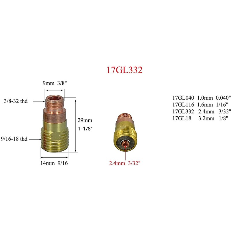 RIVERWELD TIG Stubby Gas Lens Collet Bodies 17GL332 10N24S 3/32''