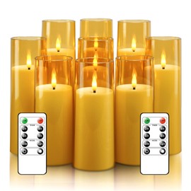 kakoya Flickering Flameless Candles Battery Operated with Remote and 2/4/6/8 H Timer Plexiglass Led Pillar Candles Pack of 9 (D2.3 xH 5" 6" 7") with Realistic Moving Wick Candles for Home Decor(Gold)