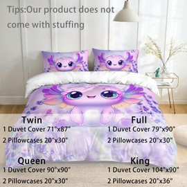 AILONEN Purple Floral Axolotl Duvet Cover Set Twin,Cute Cartoon Lavender Butterfly Axolotl Bedding Set for Kids,Ocean Comforter Cover with 2 Pillowcases,3Pcs