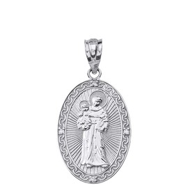 Sterling Silver St. Anthony Of Padua Oval Medal CZ Pendant Necklace (1.20"), 16"