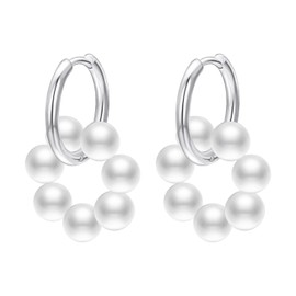 JOLCHIF Silver Pearl Hoop Earrings for Women 14K White Gold Plated Faux Pearl Beaded Earrings Dangle Elegant Jewelry