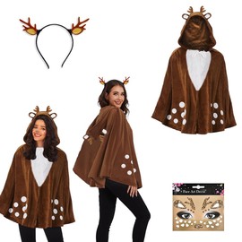 Jiahuade Women's Deer Costume, Reindeer with Brown Tulle Skirt, Reindeer Antlers Headband with Ears, Glitter Face Tattoo, Deer Animal Costume Adult for Carnival, Christmas, Theme Party