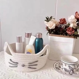 Small Woven Rope Storage Basket,Cute Cat Mini Cotton Rope Storage Basket,Decorative Basket Organizer Storage Baskets for Organizing Toy,Decor, Shelves, Closet (white)