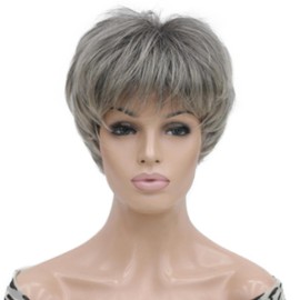 Lydell 6-8" Straight Short Bob Wig Layered Shaggy Flat Bangs Heat Resistant Synthetic Wigs 3T101 Gray with Dark Root