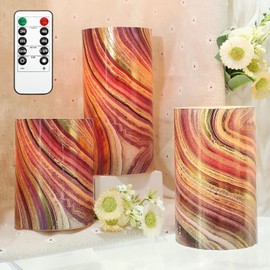 Silverstro Flameless LED Candles Purple Marble Flickering Battery Operated with Remote - Home Farmhouse Holiday Spring Decorations - Set of 3 (D3 X H4 5" 6")