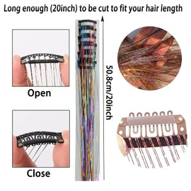 Lyfengdeam 12Pcs 20 Inch Heat Resistant Hair Tinsel Clips - Fairy Kit Glitter Extensions for Women, Girls, and Kids, Ideal Sparkly Christmas Gift (Silver)