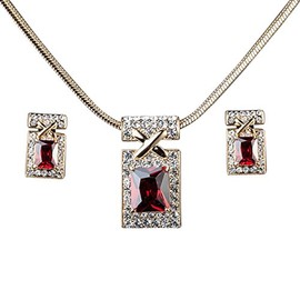 Hanessa Necklace & Earrings Women's Jewellery Set in Gold Plated Red Cubic Zirconia Stone Christmas Gift for Woman, Gold, Cubic Zirconia