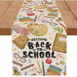 GAGEC Welcome Back to School Table Runner Books Pencil Glasses Students First Day of School Classroom Kitchen Dining Table Room Decorations (13'' x 48'')
