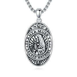 Santa Muerte Necklace 925 Sterling Silver Goth Grim Reaper Pendant Skull Necklaces Gothic Jewelry for Men Women