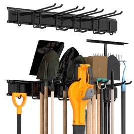 Sttoraboks Garage Tool Storage Rack, Heavy Duty Garage Storage Organizer Rack System Wall Mounted Tool with 6 double hooks, 2 rails, Garden Yard Tools Hanger Rack for Ski Gears, Broom, Rake,Shovel