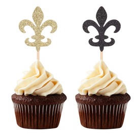 Decoración para cupcakes, diseño de flor de lis, color negro y dorado, 24 unidades