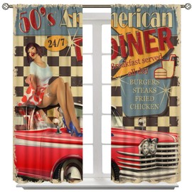 Yoakiet Retro Car Blackout Curtains,Rustic Vintage Cars Route 66 Kitchen Restaurant Burger Beer Cafe Logo Red Car Print Rod Pocket Window Treatments Drapes for Bedroom Kitchen Living Room 63x63in