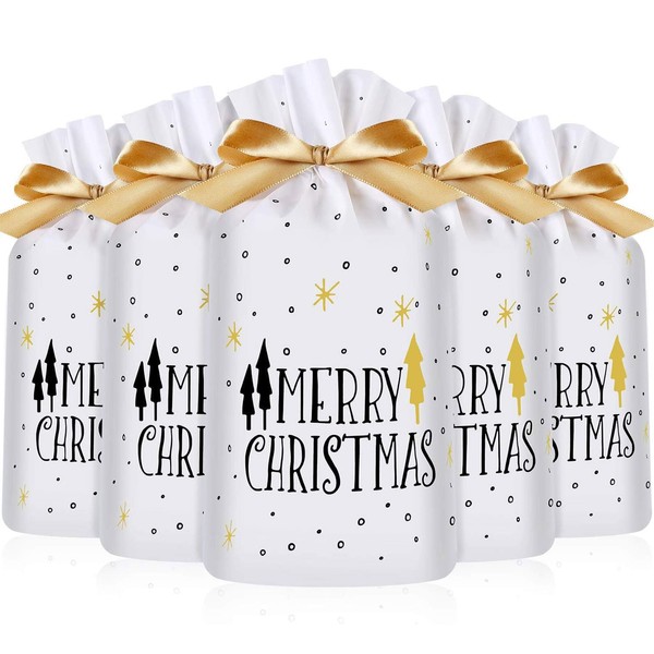 Frienda 30 Pack Treat Bags with Drawstring Candy Bags, Merry Christmas Tree Print Plastic Favor Bag Drawstring Cookie Bags for Christmas Wedding Party Birthday Engagement Holiday Favor