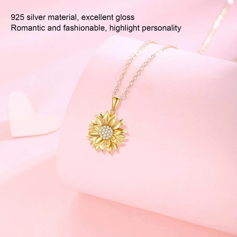 Pendant Necklace 925 Silver Sunflower Shape Gold Exquisite Shiny Elegant