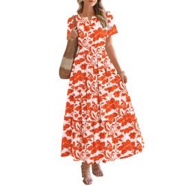 BTFBM Summer Dresses for Women 2025 Floral Casual Short Sleeve V Neck Elastic Waist Maxi Wedding Guest Dress Pockets(Floral Brick Red, Small)