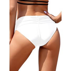 SHEKINI Womens Ruched Bikini Bottom Solid Medium Waisted Tummy Control Swim Bottoms White