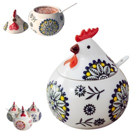 XIEFFICH 13.5 Oz Salt Cellar With Lid and Spoon (Green)- Ceramic Chicken Spice Jars for Salt, Sugar, Pepper - Spice Containers for Countertop